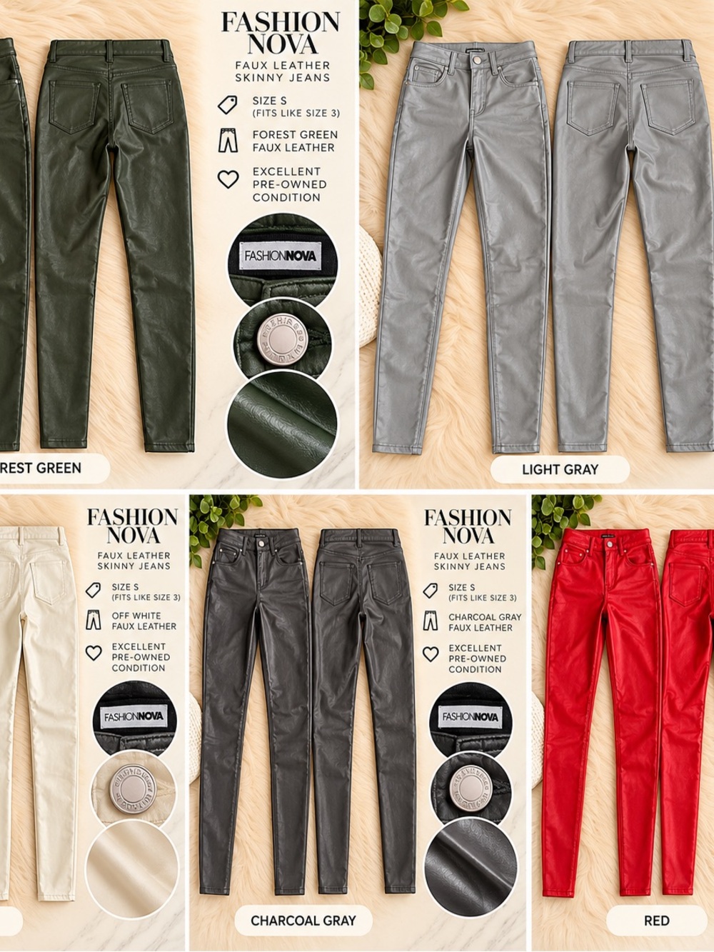Fashion Nova 5-Pair Coated-Look Skinny Pants Bundle – Size Small / 3